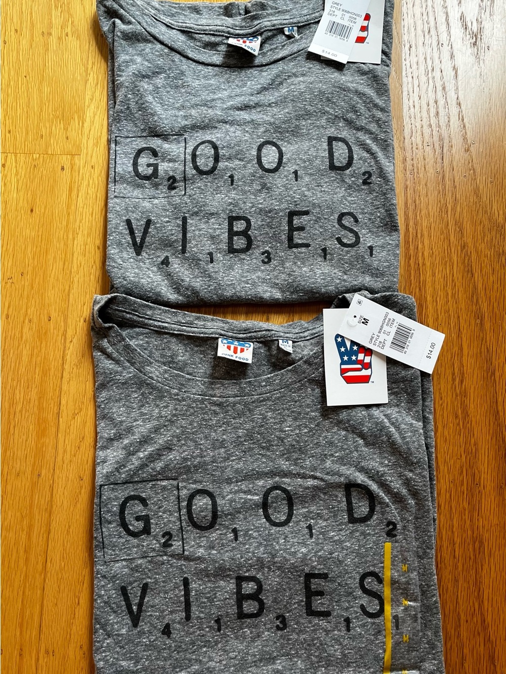 Bundle of two new Medium Junk Food Clothing Gray "Good Vibes" Scrabble Tee NWT